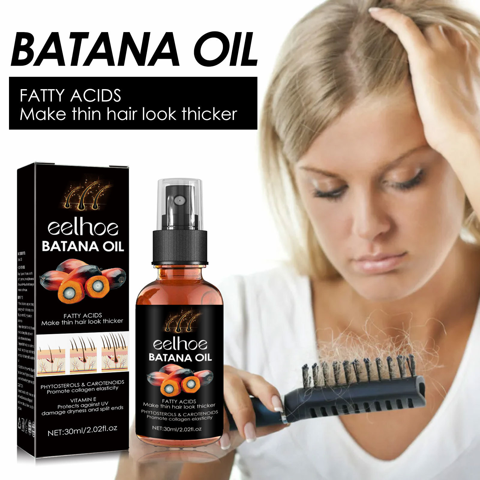 Spray capilar Batana de EELHOE que hidrata profundamente el cuero cabelludo, repara el cabello y lo fortalece. Spray capilar fortalecedor_voghion.com