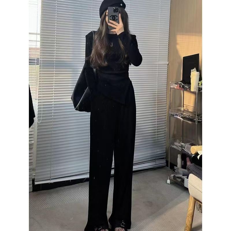 不规则纯色修身上衣女时尚百搭套装女春秋高腰阔腿长裤休闲两件套|undefined