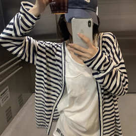韩系复古条纹微透开衫长袖外套女宽松设计感小众休闲防晒罩衫上衣