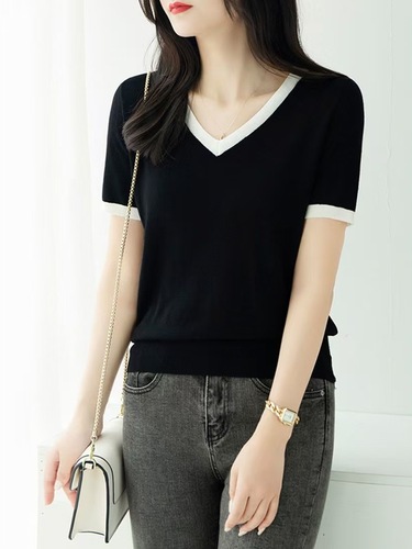 Women's Ice Silk Short Sleeve Knit Top 2025 Summer Loose Fit Slimming Half Collar Fashion Trendy Top