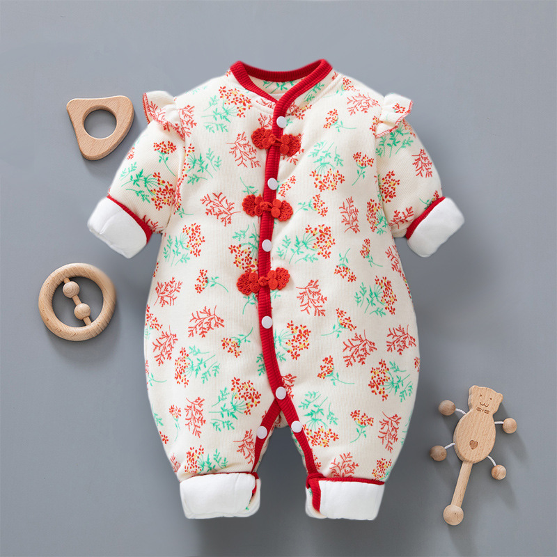 Ropa de invierno de Bebé Ropa de una pieza engrosada estilo chino Tang traje festivo Año Nuevo saludo ropa bebé niña engrosada ropa de algodón acolchado ropa de Año Nuevo
