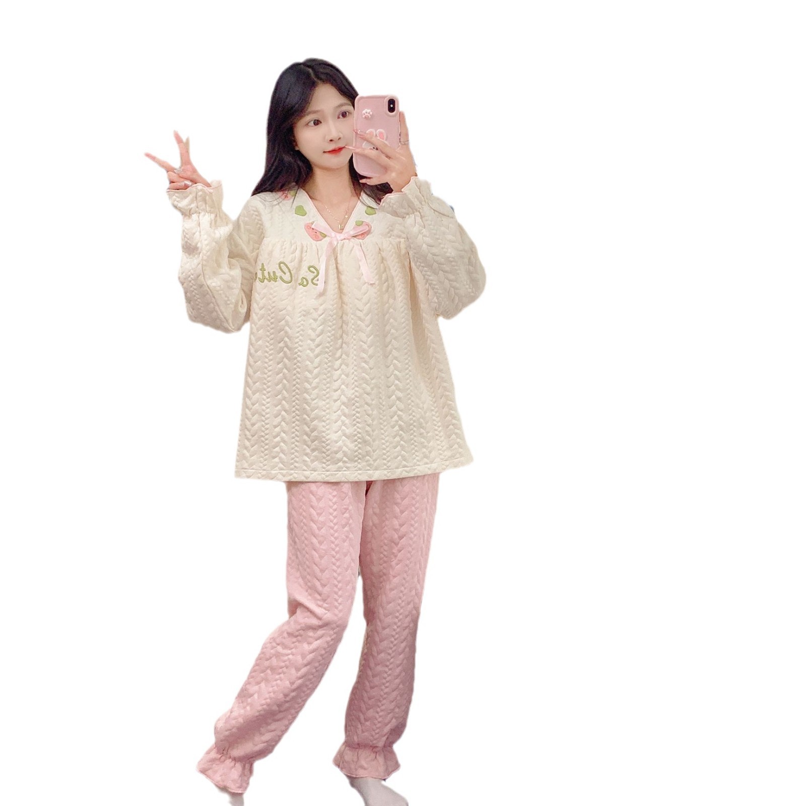 잠옷 밖에서 착용 할 수 있습니다 여성 가을과 겨울 공기면 따뜻한 V 목 풀오버 인터 레이어 귀여운 홈 의류 재고 도매