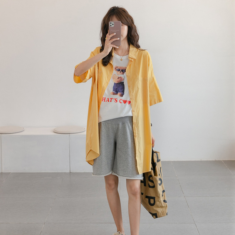 Summer new maternity clothes solid color workwear short sleeve lapel shirt fashionable mom Korean style loose plus size sun protection coat Summer new maternity clothes solid color workwear short sleeve lapel shirt fashionable mom Korean style loose plus size sun protection coat