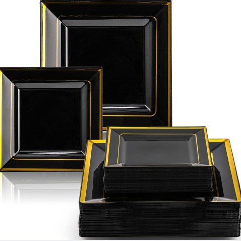 6.5/9-inch PS hard plastic plate Black golden edge square plate disposable tableware white plate European party square plate