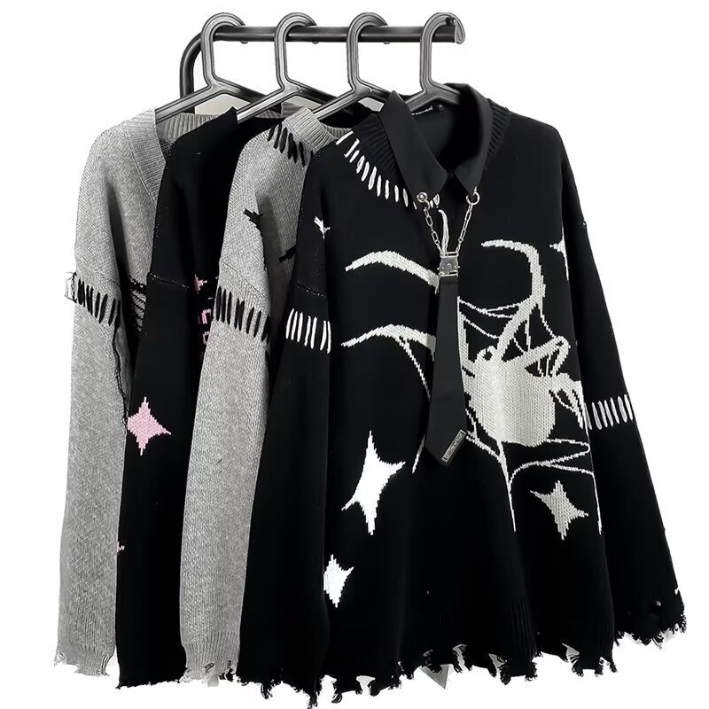 2025 Autumn High Street Dark Trend Ins Harajuku Blurred Emotions Irregular Contrast Color Drawstring Knitted Sweater