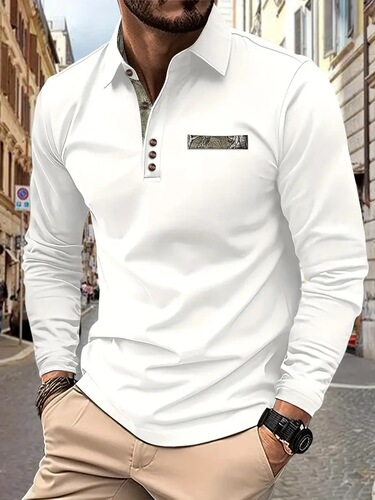 Wish Spring and Autumn New Men's Casual Button-Down Pocket Polo Shirt in Solid Color and Long Sleeve