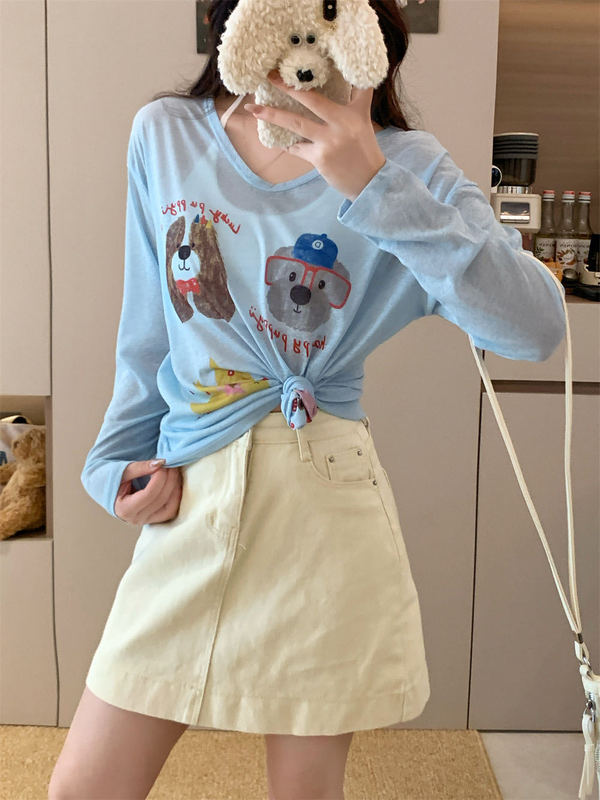 新しい女性用日焼け止め服、夏の年齢軽減漫画プリント長袖Tシャツ、女性用のゆったりとした甘いスタイルのVネック日焼け止めブラウストップ|undefined