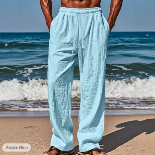2025 Hawaii Summer Men's Casual Long Pants with Pouch Drawstring Elastic Waist and Plain Comfortable Breathable