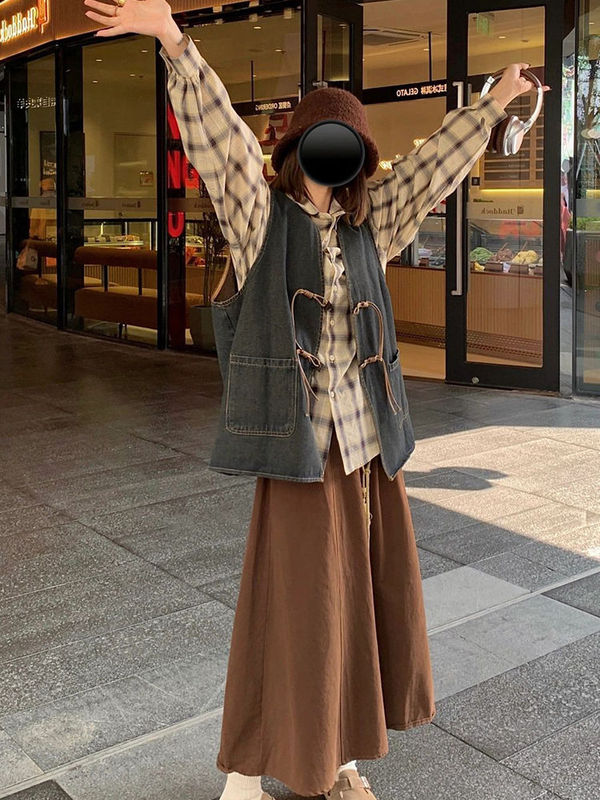 法式复古设计感小众牛仔坎肩女学生早秋款外穿衬衫新款三件套装|undefined