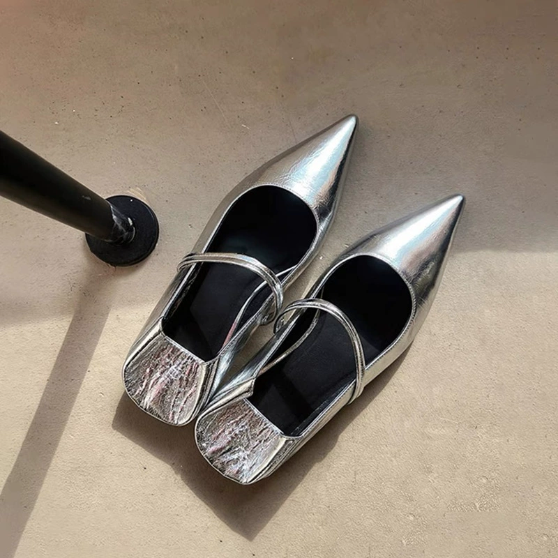 Овчинная версия ~ Мягкая кожа Мягкая корейская версия остроконечная серебряная светлая обувь одиночная обувь женская плоская подошва ретро кожаная обувь Мэри Джейн