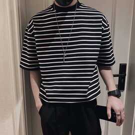 短袖男生t恤夏季宽松韩版潮流条纹半高领五分半袖潮体恤速干短袖