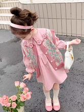 女童春秋款2025韓版棉花邊領連衣裙碎花復古針織衫馬甲背心套裝