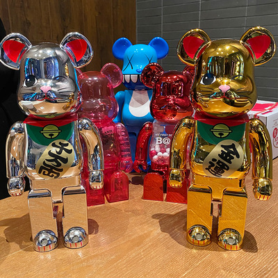 潮流bearbrick400%积木暴力熊 电镀金银千万两招财猫 潮流摆件