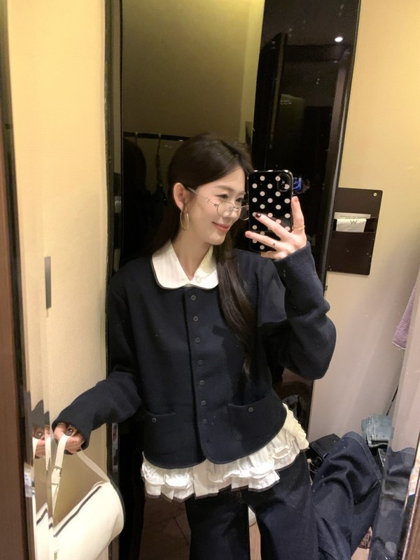 韩系穿搭套装藏蓝色长袖开衫外套叠穿衬衫女秋季阔腿牛仔裤三件套|undefined