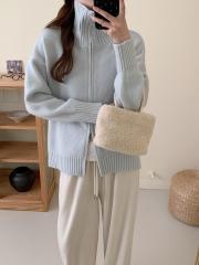 蓝色翻领拉链毛衣外套女秋季新款百搭加厚宽松高领慵懒风针织开衫
