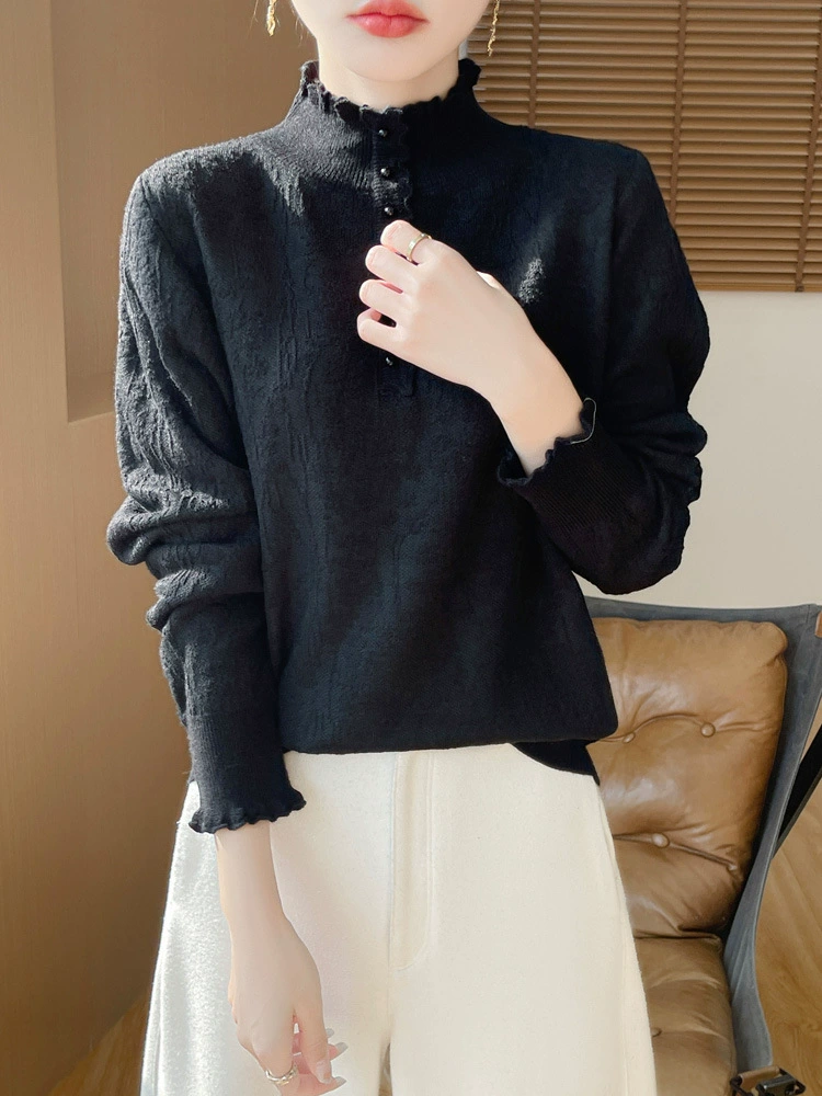 Вязаная крючком рубашка с полувысоким воротником и бисером, новинка 2025 года, женская рубашка на кружевной основе, стильный внутренний свитер с рюшами на осень и зиму.