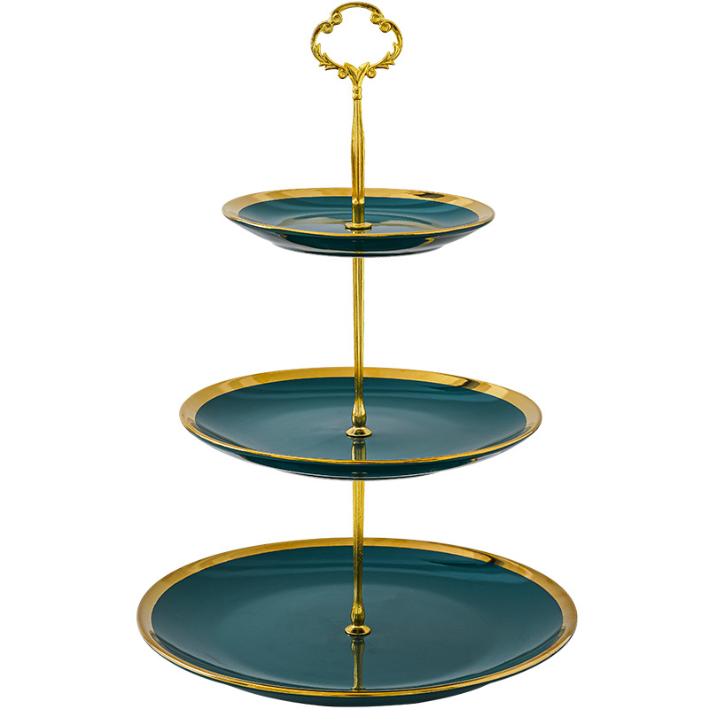 Plato de fruta de doble capa de lujo ligero hogar sala de estar mesa de café merienda plato de caramelo plato de fruta de cerámica de tres capas mesa de postre soporte de la torta