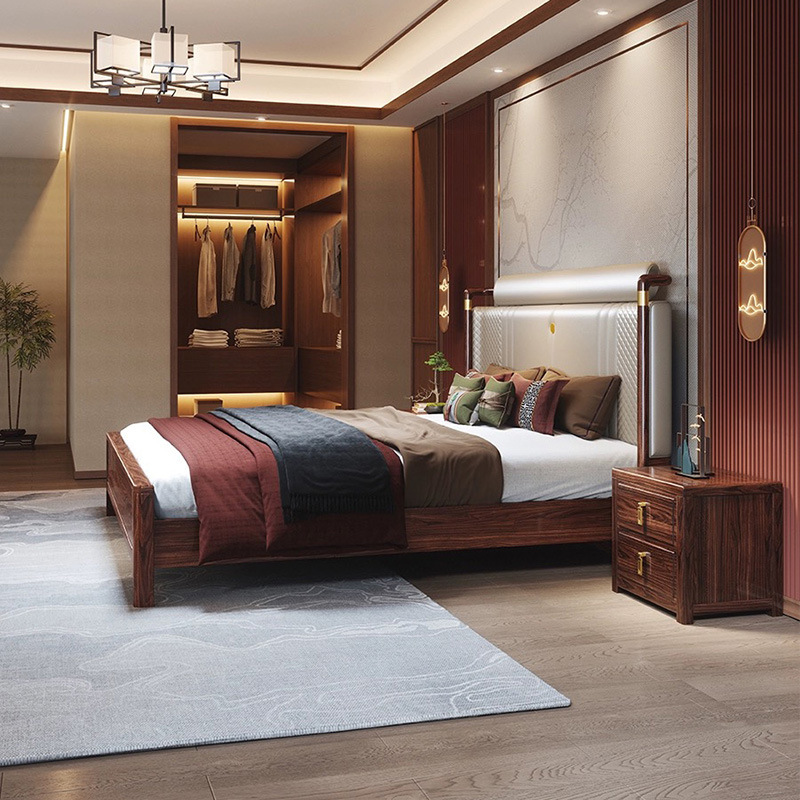 新中式烏金木實木床1.8米主臥雙人帶軟靠床輕奢實木儲物臥室婚床