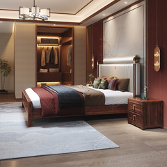 新中式烏金木實木床1.8米主臥雙人帶軟靠床輕奢實木儲物臥室婚床