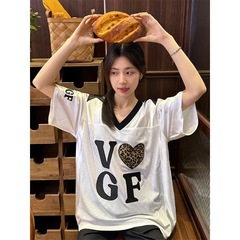 アメリカの国民的ファッションブランド通気性メッシュジャージVネック半袖Tシャツレディース夏オーバーサイズルーズスポーツスタイルトップ