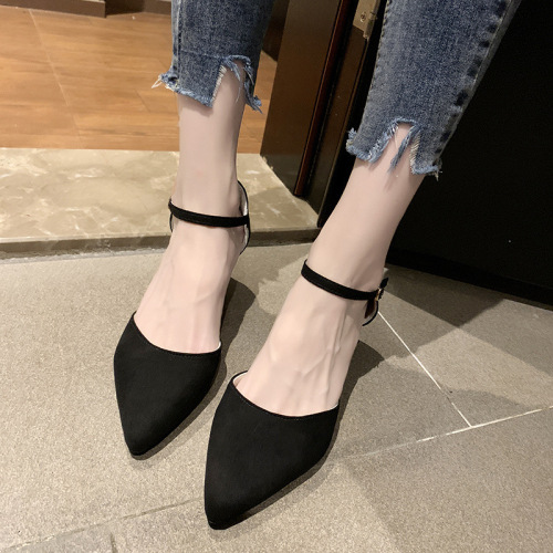 2024 Spring and Summer New French Black High Heels Women's Thick Heel Hollow Fashion Professional One-Buckle Mid-Heel Single Shoes Autumn