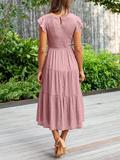 Sexy Commute Round Neck Pleated Short Sleeve Solid Color Maxi Long Dress display picture 3