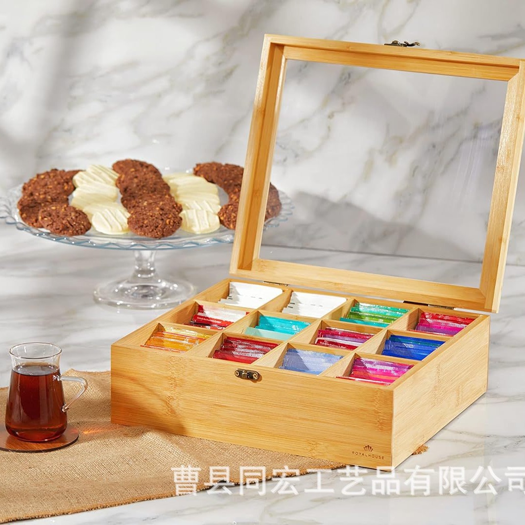 Zakka 단단한 나무 차 저장 상자 보석 상자 Wen 놀이 격자 무늬 저장 다중 격자 무늬 유리 아크릴 뚜껑 나무 상자