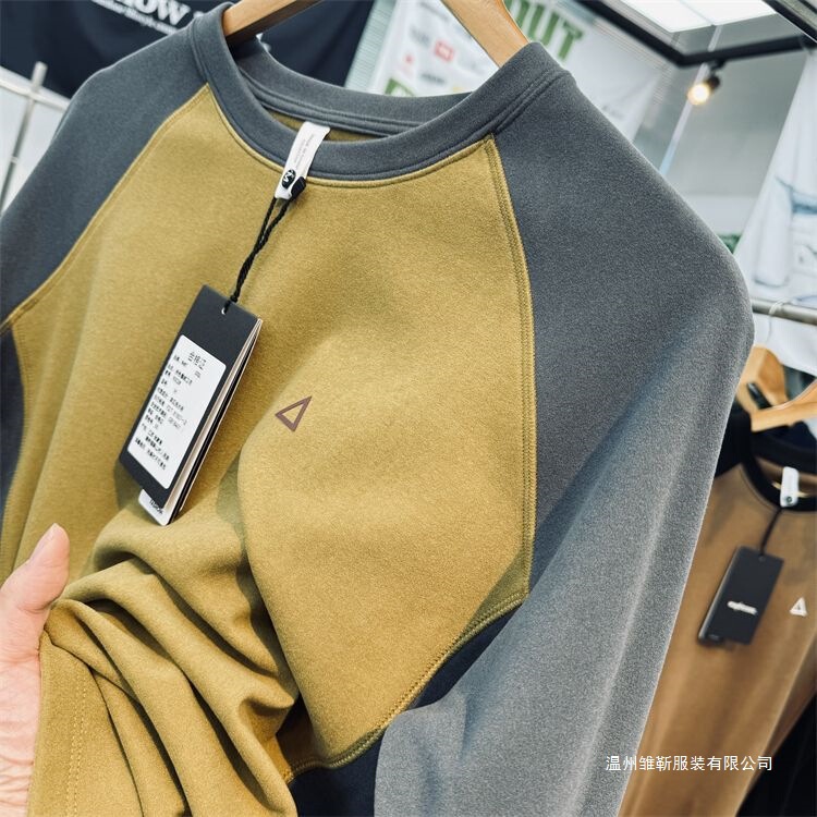 Men's Double-Sided German Velvet Self-Heating Sports Outdoor Color-Blocked Raglan Sleeve Mid-Layer Crew Neck Pullover Sweatshirt