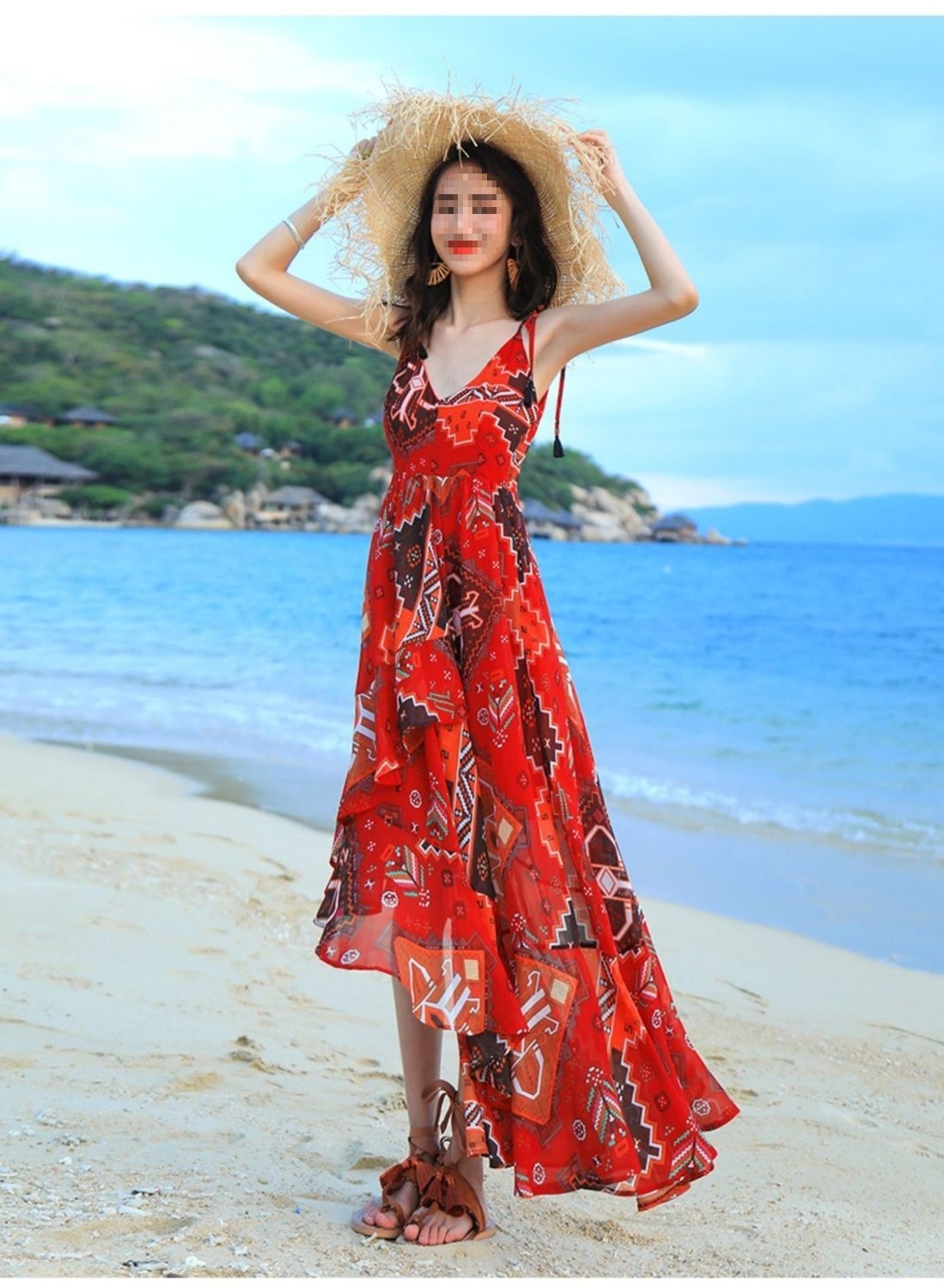 Đầm maxi voan treo nữ phong cách Bohemian dài chấm gót — màu đỏ chi tiết 15