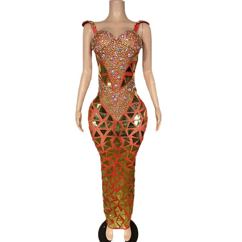 GC Diamond Mirror Skirt Red Carpet Dress Elegant Red Dress Rhinestone Lens Design Suspender Waist Slimming Look GC Diamond Mirror Skirt Red Carpet Dress Elegant Red Dress Rhinestone Lens Design Suspender Waist Slimming Look
