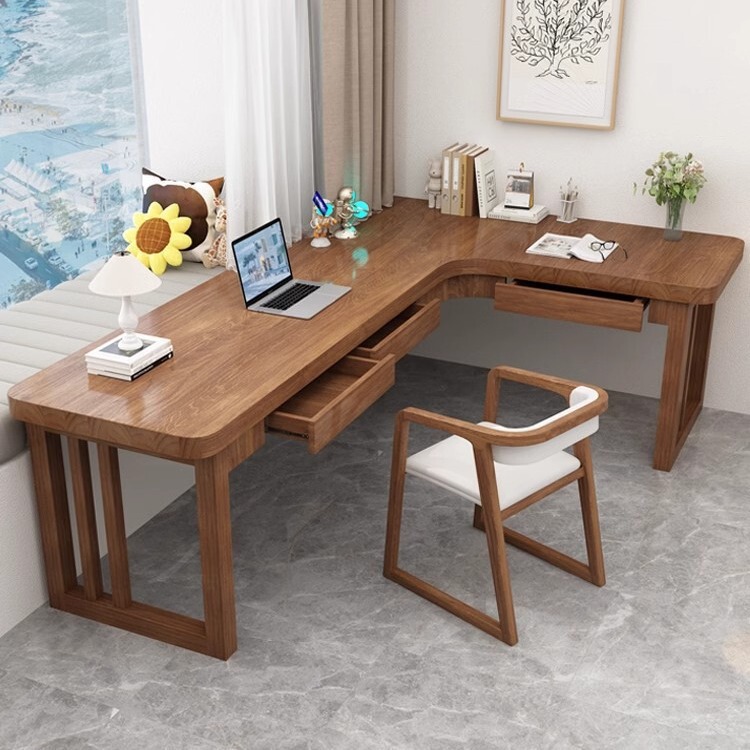 Solid Wood Corner Desk Double Study Table Small Apartment Living Room Wall Corner Long Table Workbench with Drawers