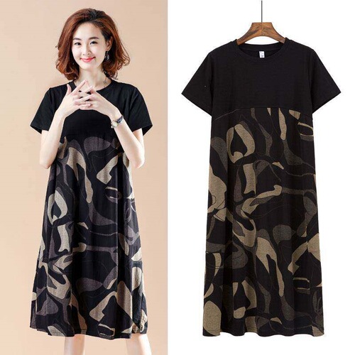 Mom dress, large size, 200kg, medium and long dress, women's summer dress, fat MM loose, slimming printed, short-sleeved A-line dress, women