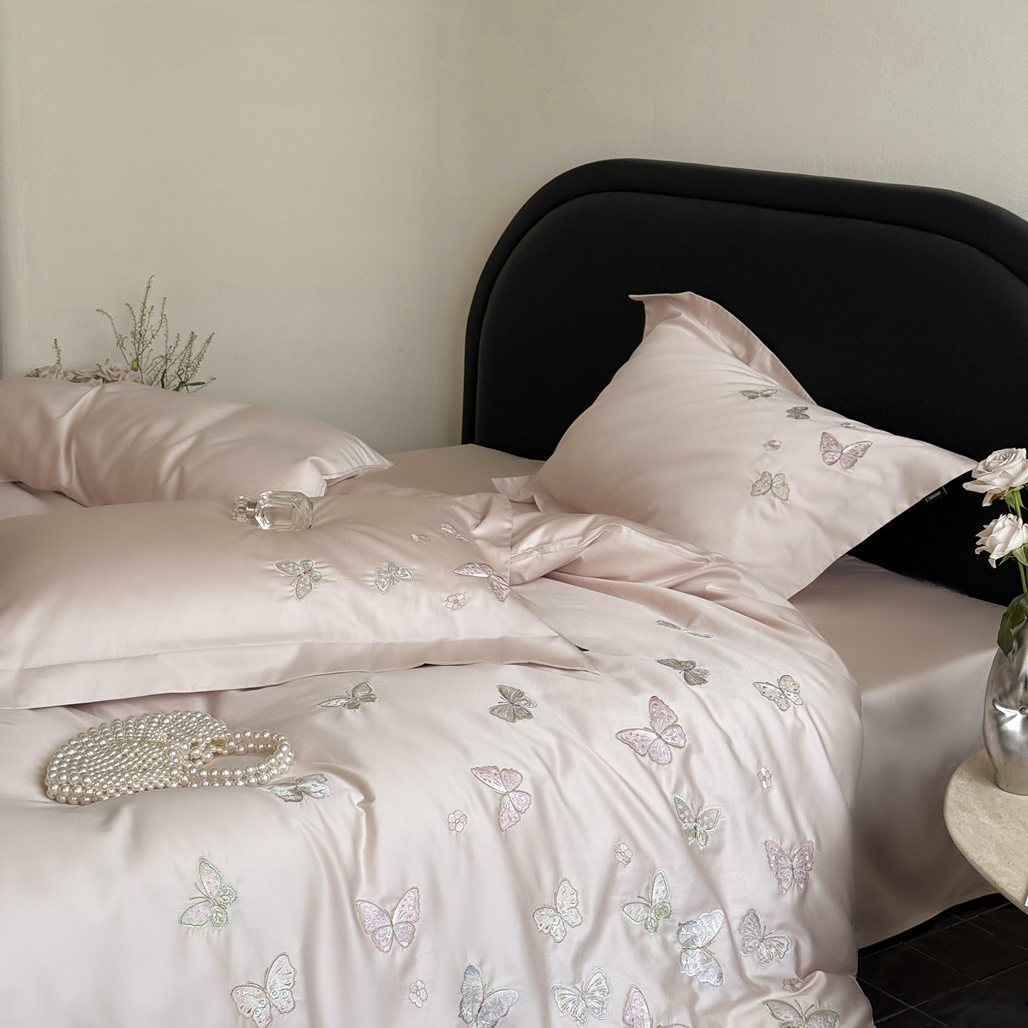 ¡Flor Shadow Shake! 100S algodón largo cuatro piezas de algodón bordado cubierta de edredón de algodón cuadrangular cubierta de almohada cuatro estaciones desnuda para dormir