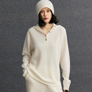跨境外贸山羊绒2026秋冬新款女宽松连帽纯色头卫衣打底针织衫毛衣