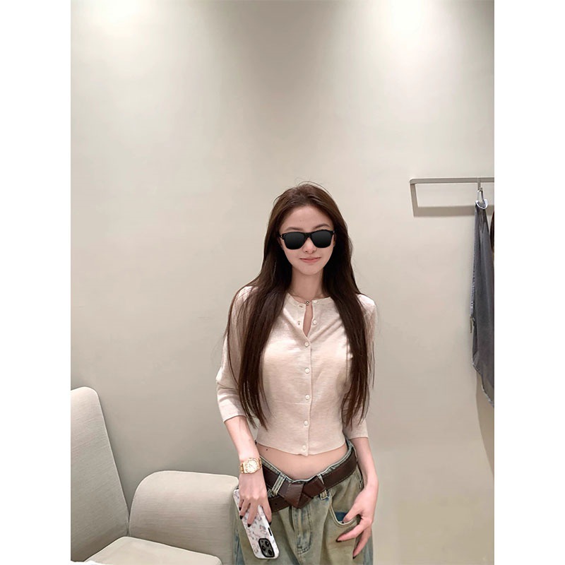 YUYUREAL 简单主义 60支超细质感羊毛中袖开衫