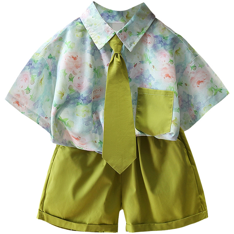 7878 Camisa de flores para niños, camisa de manga corta de verano para niños, pantalones cortos, ropa de verano de dos piezas, ropa de calle frita