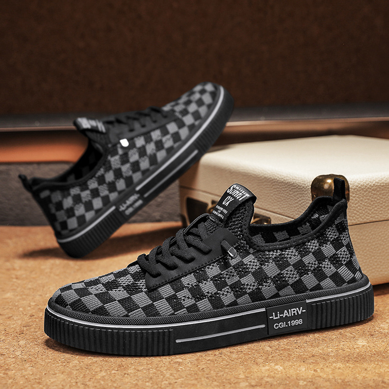 Zapatillas transpirables tejidas voladoras deportivas de verano de diseño, ligeras, de ojos grandes, zapatos de música en vivo para hombre a cuadros al aire libre