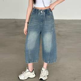 女童夏季薄款七分牛仔裤子2026新款中裤韩系儿童超好看拼接直筒裤