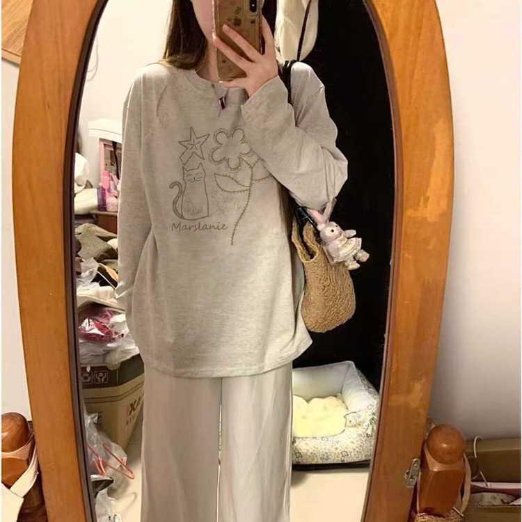100% Pure Cotton American-Style Trendy Brand Gray Long-Sleeve T-Shirt for Women, New Spring and Autumn Loose Plus-Size Lazy Style High-End Top 100% Pure Cotton American-Style Trendy Brand Gray Long-Sleeve T-Shirt for Women, New Spring and Autumn Loose Plus-Size Lazy Style High-End Top