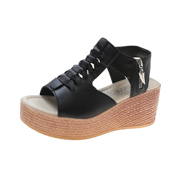 Fashionable woven sandals with zipper wedge heel for leisure