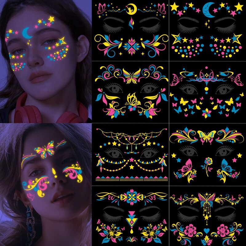 Cross-border New European and American Fluorescent Face Sticker Waterproof Nightclub Masquerade Neon Luminous Music Festival Fluorescent Tattoo Sticker