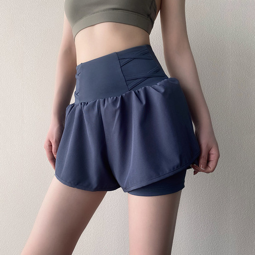 High-waist cinching exercise shorts for women, outerwear, anti-transparency pockets, quick-drying, loose, faux two-piece fitness yoga pants for summer
