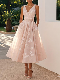 2025 European and American women's dresses banquet evening dress Amazon sleeveless vest V-neck digital printed dress