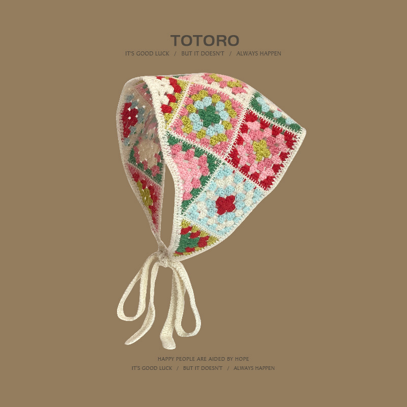 Turbante retro francés, bufanda triangular para mujer, diadema, salida de primavera y verano, dulce y lindo, estilo artístico de ganchillo hecho a mano, sombrero de Baotou