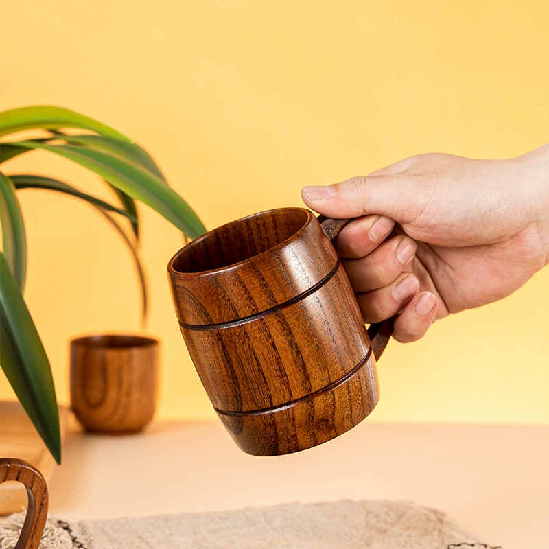 Wooden creative jujube wood coffee cup solid wood retro mug anti-scalding handle cup wooden cup