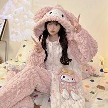 美乐蒂睡袍女珊瑚绒冬季三层夹棉袄加厚加绒可爱少女睡衣冬家居服