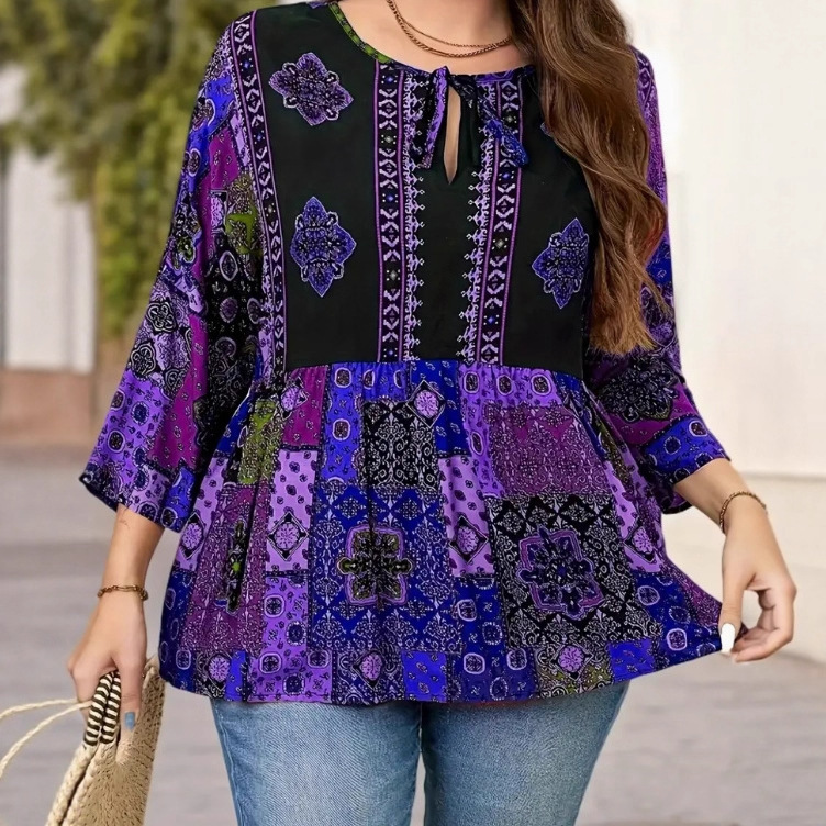 Women's Clothing Cross-Border Aliexpress Amazon Temu Bohemian Print Design Sweetheart Neckline 3/4 Sleeve Top Women's Clothing Cross-Border Aliexpress Amazon Temu Bohemian Print Design Sweetheart Neckline 3/4 Sleeve Top