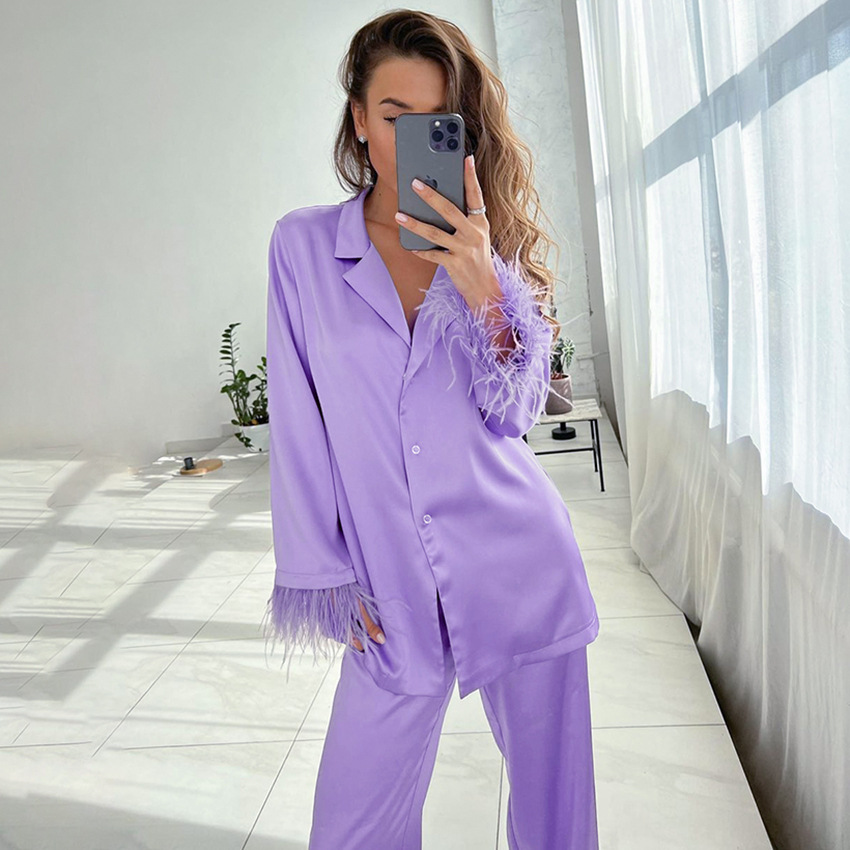 Autumn Europe and America new pattern Feather pajamas Long sleeve trousers suit Easy Silk like fashion Exorcism lady Home Furnishings