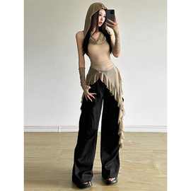 美式复古连帽纯色气质吊带背心女秋季新款修身荷叶边无袖百搭上衣