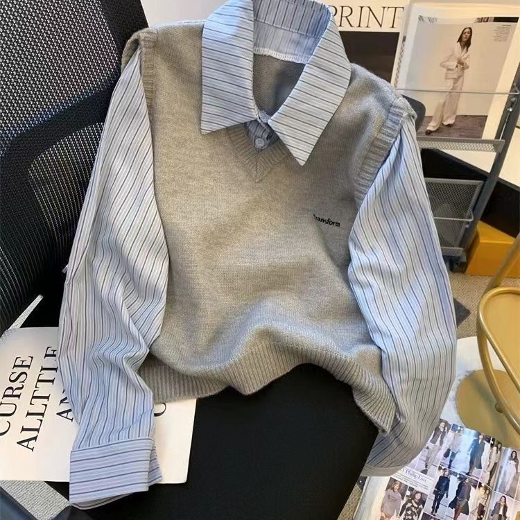 灰色针织毛衣拼接假两件条纹衬衫女韩系穿搭Polo开衫上衣春季